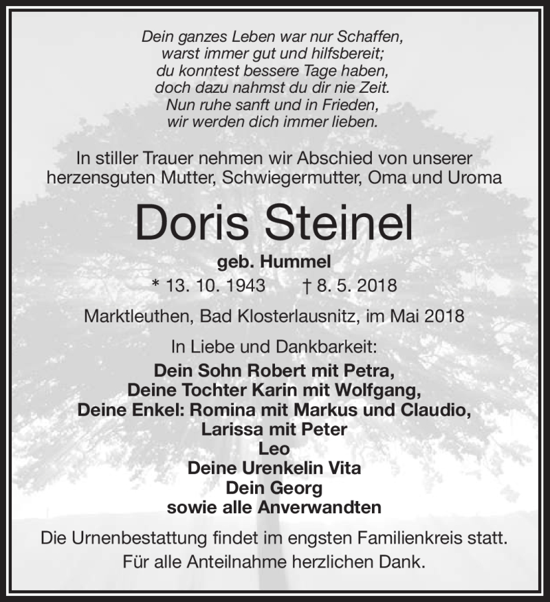  Traueranzeige für Doris Steinel vom 16.05.2018 aus Frankenpost