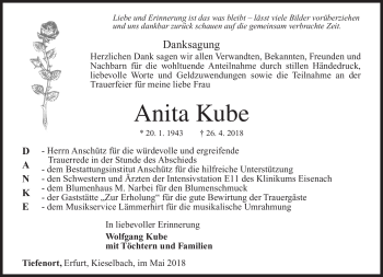 Traueranzeige von Anita Kube von Südthüringer Presse