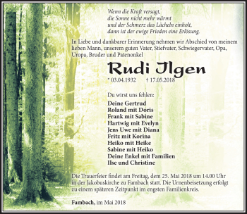 Traueranzeige von Rudi Ilgen von Südthüringer Presse