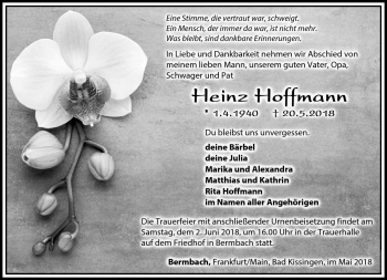 Traueranzeige von Heinz Hoffmann von Südthüringer Presse