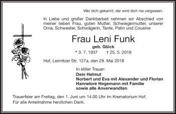 Traueranzeige von Leni Funk von Frankenpost