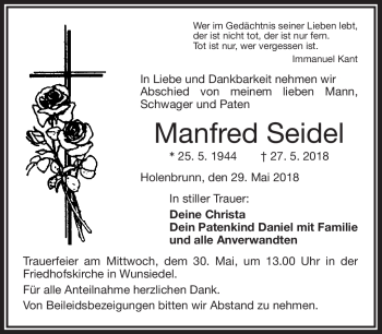 Traueranzeige von Manfred Seidel von Frankenpost