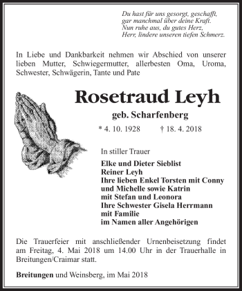 Traueranzeige von Rosetraud Leyh von Südthüringer Presse