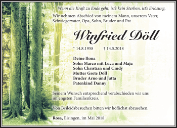 Traueranzeige von Winfried Döll von Südthüringer Presse
