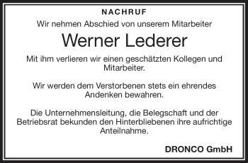 Traueranzeige von Werner Lederer von Frankenpost