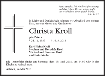Traueranzeige von Christa Kroll von Südthüringer Presse
