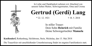 Traueranzeige von Gertrud Lang von Neue Presse Coburg