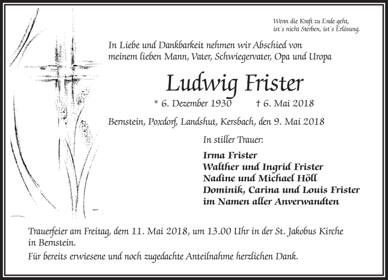  Traueranzeige für Ludwig Frister vom 09.05.2018 aus Frankenpost