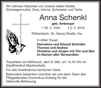 Traueranzeige von Anna Schenkl von Frankenpost