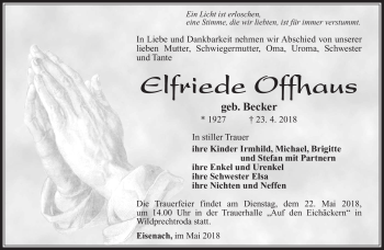 Traueranzeige von Elfriede Offhaus von Südthüringer Presse