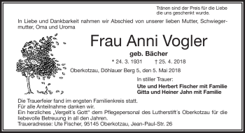 Traueranzeige von Anni Vogler von Frankenpost