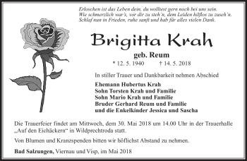 Traueranzeige von Brigitta Krah von Südthüringer Presse