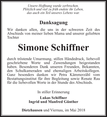 Traueranzeige von Simone Schiffner von Südthüringer Presse