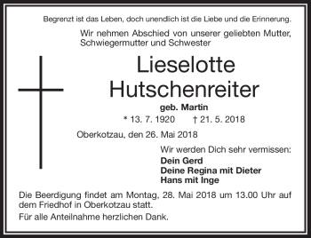 Traueranzeige von Lieselotte Hutschenreiter von Frankenpost