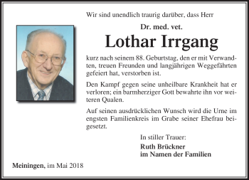 Traueranzeige von Lothar Irrgang von Südthüringer Presse