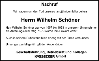 Traueranzeige von Wilhelm Schöner von Frankenpost