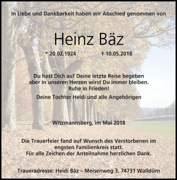 Traueranzeige von Heinz Bäz von Neue Presse Coburg