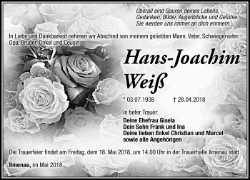 Traueranzeige von Hans-Joachim Weiß von Südthüringer Presse