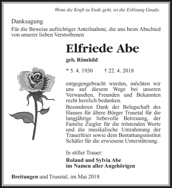 Traueranzeige von Elfriede Abe von Südthüringer Presse