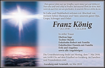 Traueranzeige von Franz König von Südthüringer Presse
