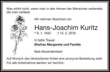 Traueranzeige von Hans-Joachim Kuritz von Frankenpost