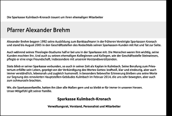 Traueranzeige von Alexander Brehm von Frankenpost