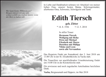 Traueranzeige von Edith Tiersch von Südthüringer Presse
