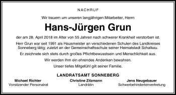 Traueranzeige von Hans-Jürgen Grün von Südthüringer Presse