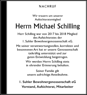 Traueranzeige von Michael Schilling von Südthüringer Presse
