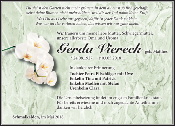 Traueranzeige von Gerda Viereck von Südthüringer Presse