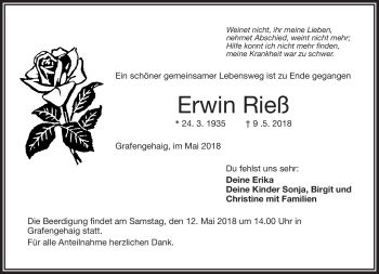 Traueranzeige von Erwin Rieß von Frankenpost