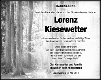 Traueranzeige von Lorenz Kiesewetter von Südthüringer Presse