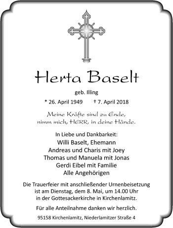 Traueranzeige von Herta Baselt von Frankenpost
