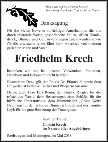 Traueranzeige von Friedhelm Krech von Südthüringer Presse
