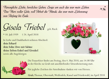 Traueranzeige von Gisela Triebel von Südthüringer Presse