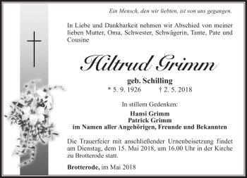 Traueranzeige von Hiltrud Grimm von Südthüringer Presse