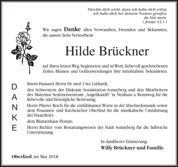 Traueranzeige von Hilde Brückner von Südthüringer Presse