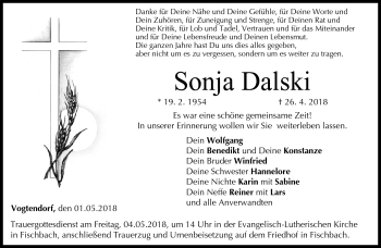 Traueranzeige von Sonja Dalski von Neue Presse Coburg