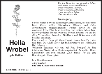 Traueranzeige von Hella Wrobel von Südthüringer Presse