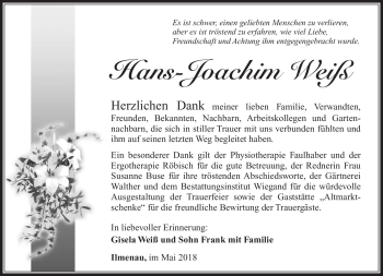 Traueranzeige von Hans-Joachim Weiß von Südthüringer Presse