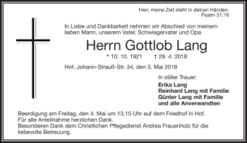 Traueranzeige von Gottlob Lang von Frankenpost