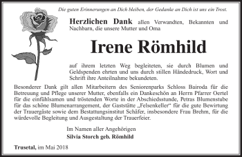 Traueranzeige von Irene Römhild von Südthüringer Presse