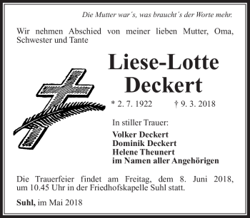 Traueranzeige von Liese-Lotte Deckert von Südthüringer Presse