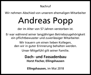 Traueranzeige von Andreas Popp von Südthüringer Presse