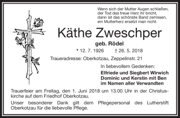 Traueranzeige von Käthe Zweschper von Frankenpost