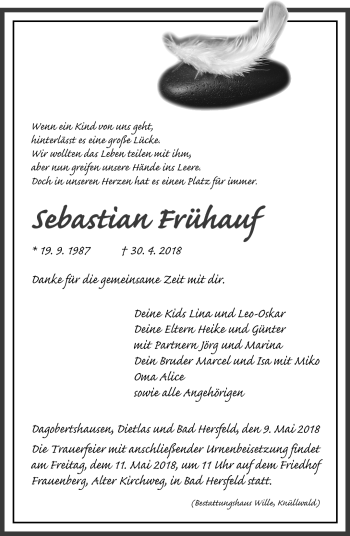 Traueranzeige von Sebastian Frühauf von Südthüringer Presse
