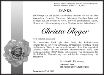 Traueranzeige von Christa Gloger von Südthüringer Presse
