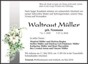 Traueranzeige von Waltraud Müller von Südthüringer Presse