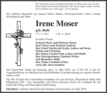 Traueranzeige von Irene Moser von Südthüringer Presse