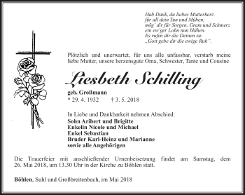 Traueranzeige von Liesbeth Schilling von Südthüringer Presse